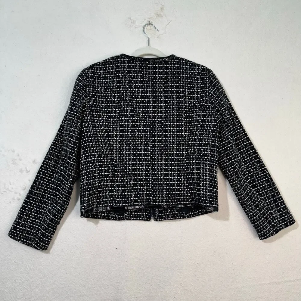 Michael Kors Black White Wool Tweed Blazer Jacket Patent Leather Trim Petite 12